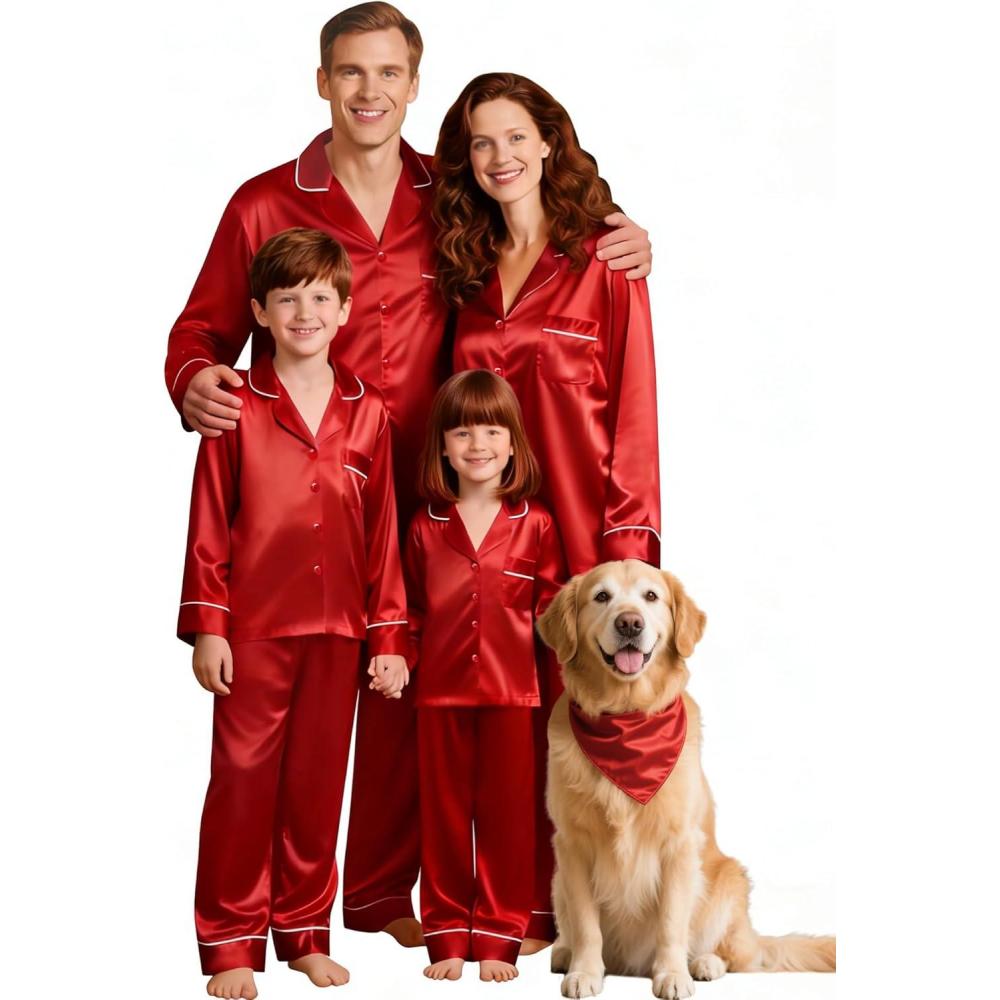 imageSWOMOG Family Matching Button Down Pajamas Pjs Silk Satin Long Sleeve Shirt Long Pants Set Sleepwear 2 Pcs Outfits LoungewearRed