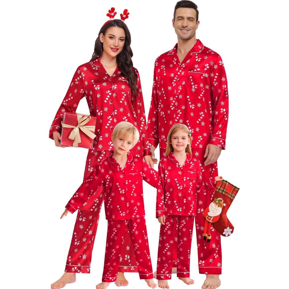 imageSWOMOG Family Matching Button Down Pajamas Pjs Silk Satin Long Sleeve Shirt Long Pants Set Sleepwear 2 Pcs Outfits LoungewearRed Candy Cane