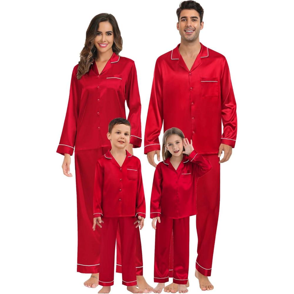 imageSWOMOG Family Matching Button Down Pajamas Pjs Silk Satin Long Sleeve Shirt Long Pants Set Sleepwear 2 Pcs Outfits LoungewearReda