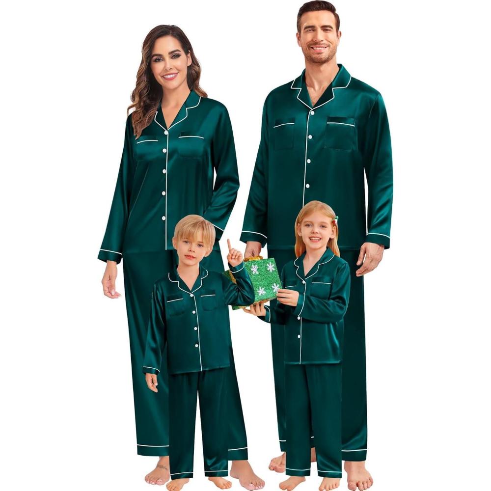 imageSWOMOG Family Matching Pajamas Set Christmas Pajamas Long Sleeve Button Down Pj Set 2Pcs Festival Party SleepwearDark Green