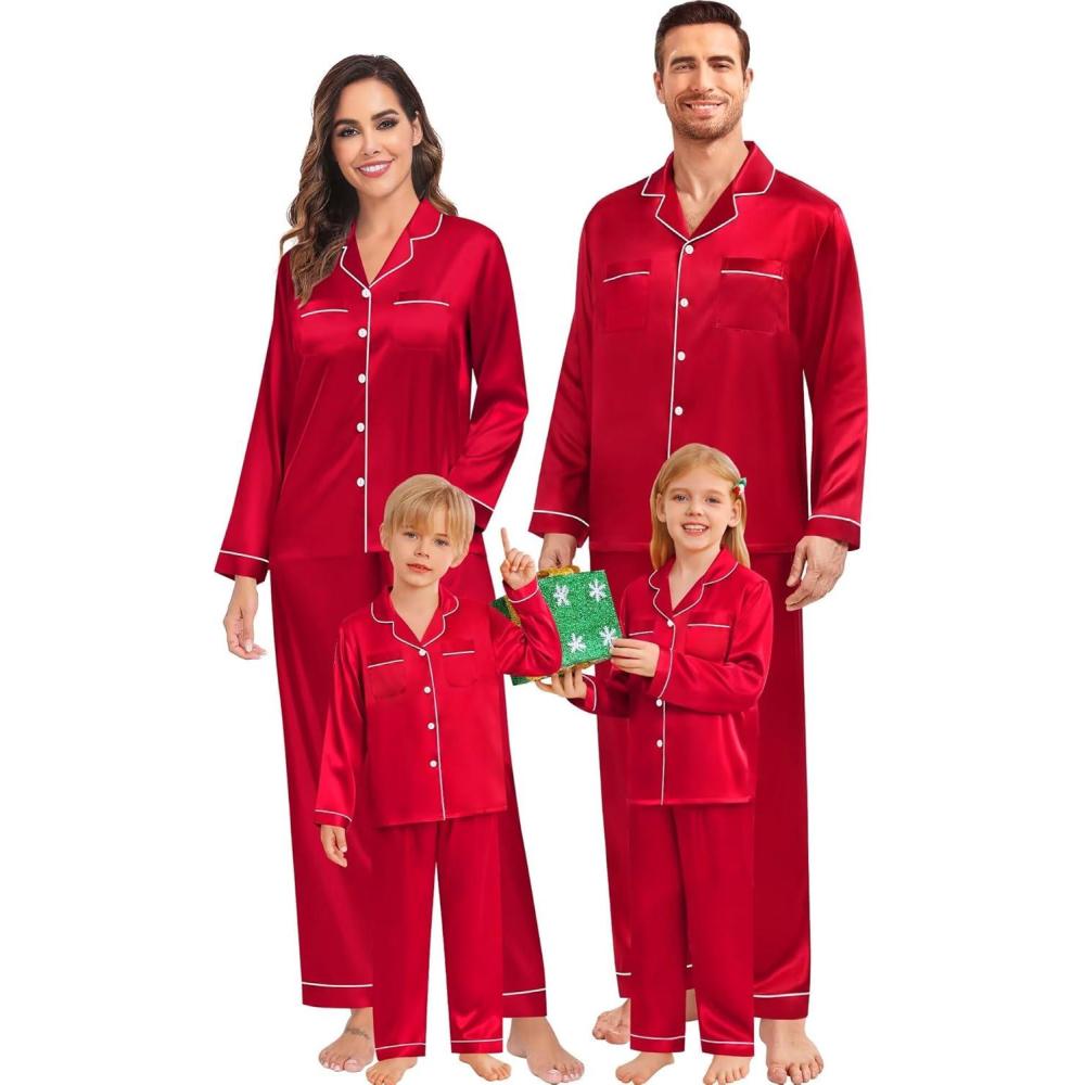imageSWOMOG Family Matching Pajamas Set Christmas Pajamas Long Sleeve Button Down Pj Set 2Pcs Festival Party SleepwearRed