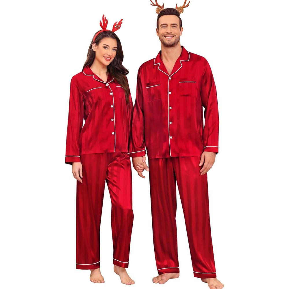 imageSWOMOG Family Matching Pajamas Set Christmas Pajamas Long Sleeve Button Down Pj Set 2Pcs Festival Party SleepwearRed Stripes