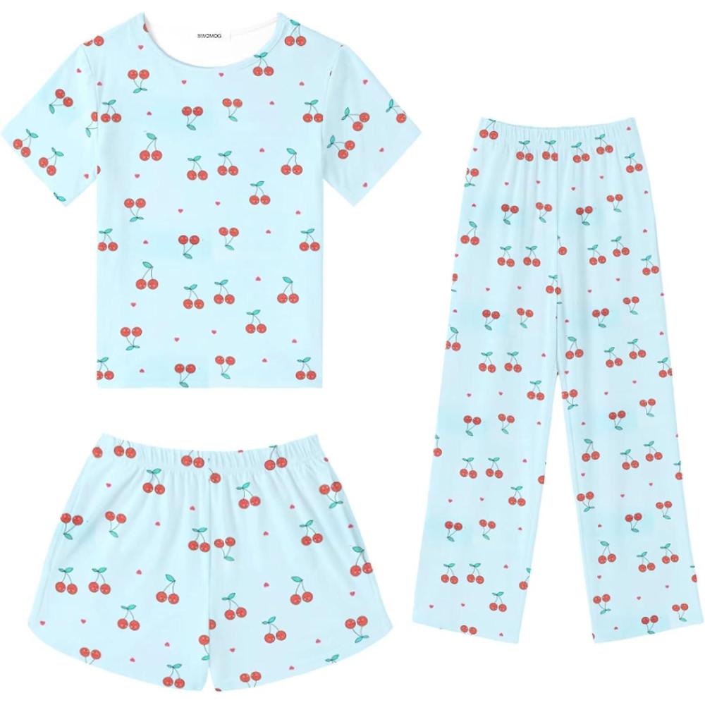 imageSWOMOG Girls Pajamas Sets 3 Piece Short Sleeve Sleepwear Summer Cute Pjs Cartoon Print Loungewear for Kids Size 615Blue Cherry