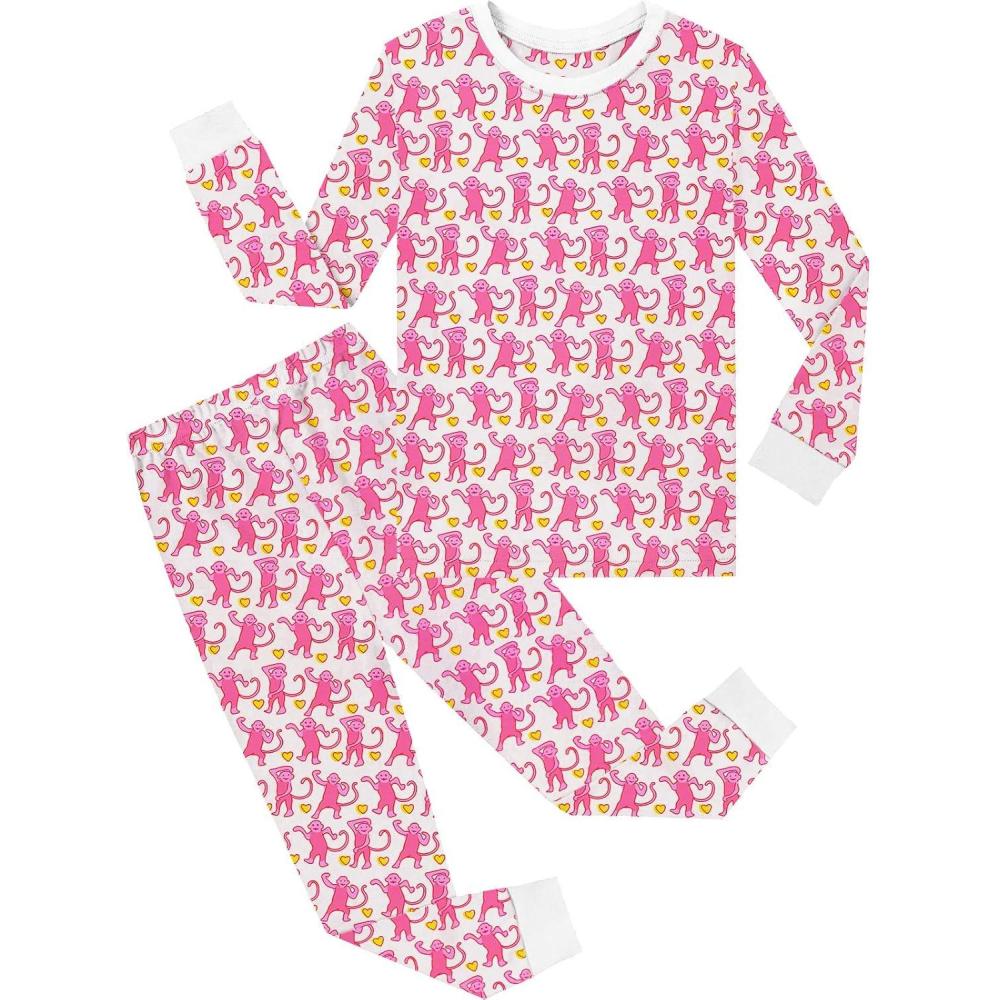 imageSWOMOG Girls Pajamas Sets 3 Piece Short Sleeve Sleepwear Summer Cute Pjs Cartoon Print Loungewear for Kids Size 615Pink Monkey