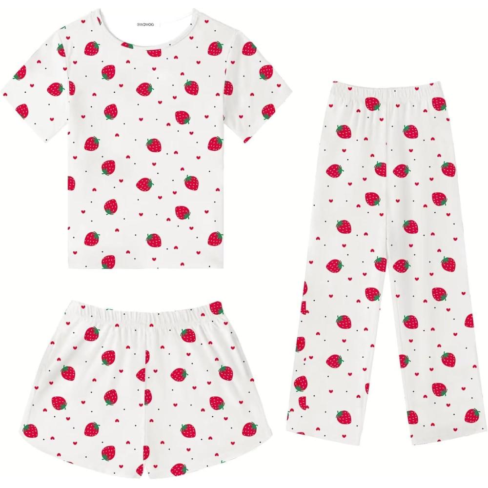 imageSWOMOG Girls Pajamas Sets 3 Piece Short Sleeve Sleepwear Summer Cute Pjs Cartoon Print Loungewear for Kids Size 615White Little Strawberry