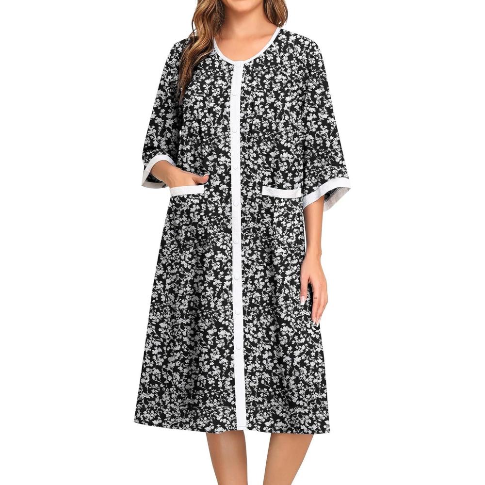 imageSWOMOG House Dress for Women Snap Front Dusters for Women with Pockets 34 Sleeve Cotton Nightgown SXXXLBlack Flower