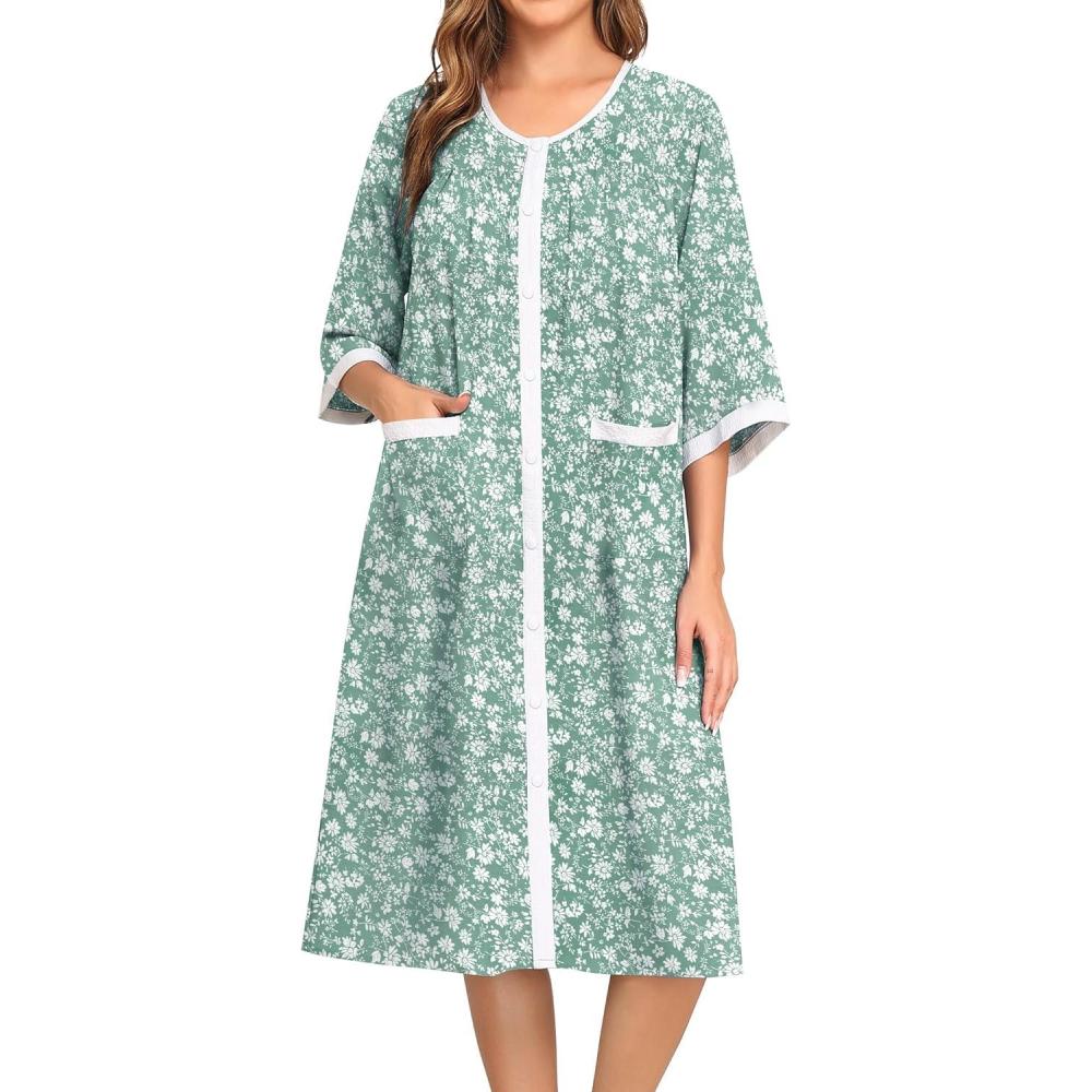 imageSWOMOG House Dress for Women Snap Front Dusters for Women with Pockets 34 Sleeve Cotton Nightgown SXXXLGreen Flower