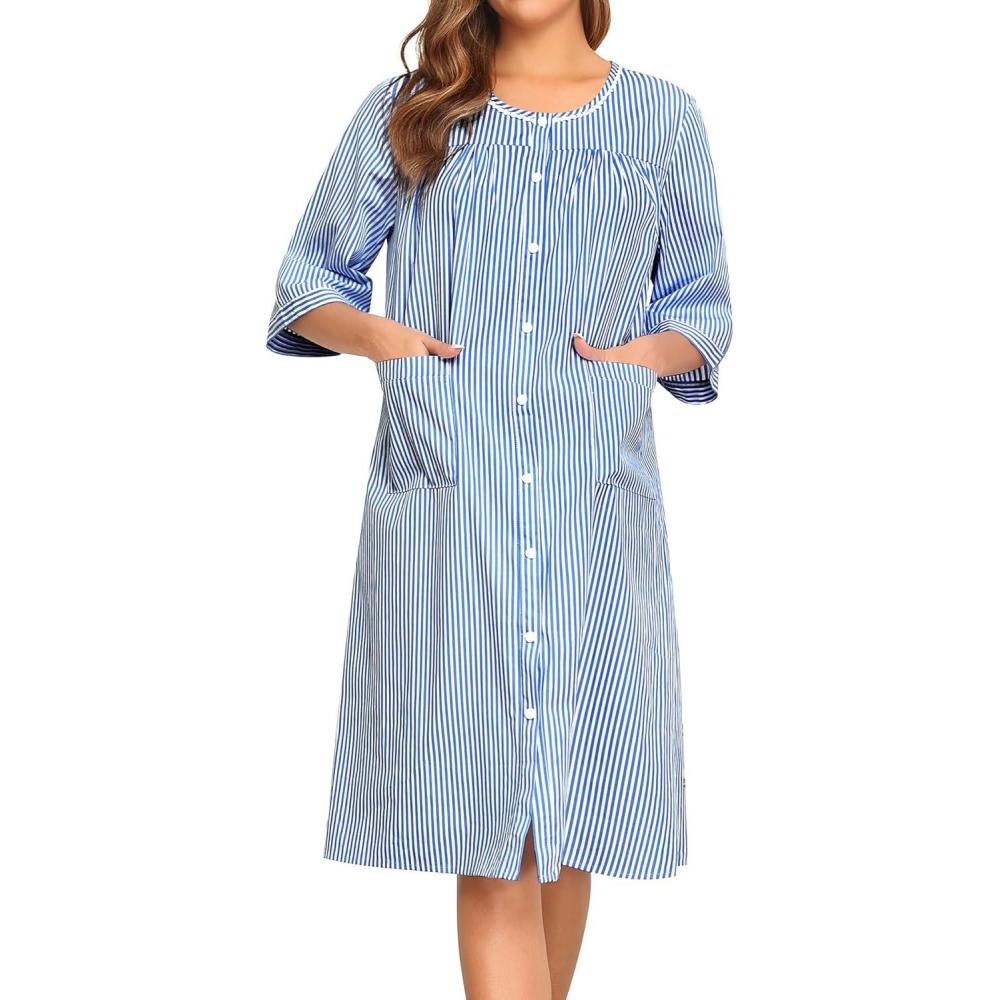 imageSWOMOG House Dress for Women Snap Front Dusters for Women with Pockets 34 Sleeve Cotton Nightgown SXXXLStriped Navyblue
