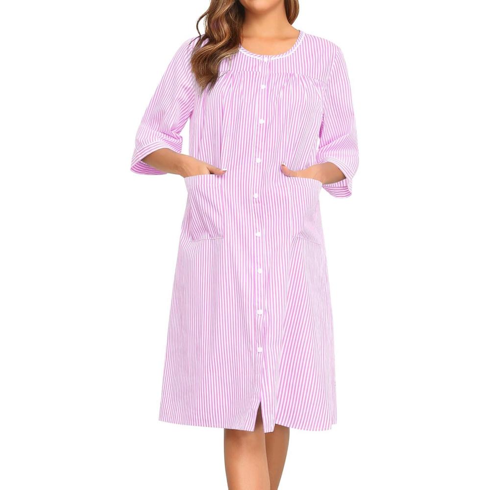 imageSWOMOG House Dress for Women Snap Front Dusters for Women with Pockets 34 Sleeve Cotton Nightgown SXXXLStriped Pink