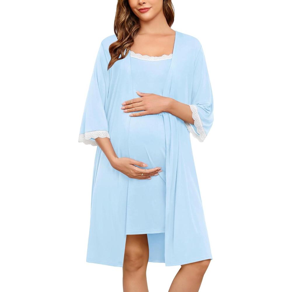 imageSWOMOG Lace Maternity Nursing Gown and Robe Set Double Layer Labor Delivery Nursing Hospital Nightgowns for BreastfeedingBaby Blue