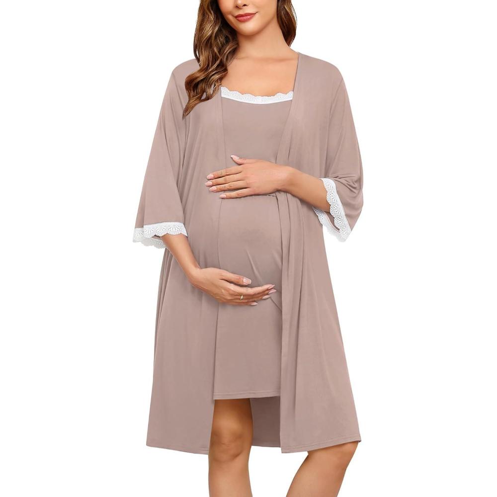 imageSWOMOG Lace Maternity Nursing Gown and Robe Set Double Layer Labor Delivery Nursing Hospital Nightgowns for BreastfeedingLight Brown