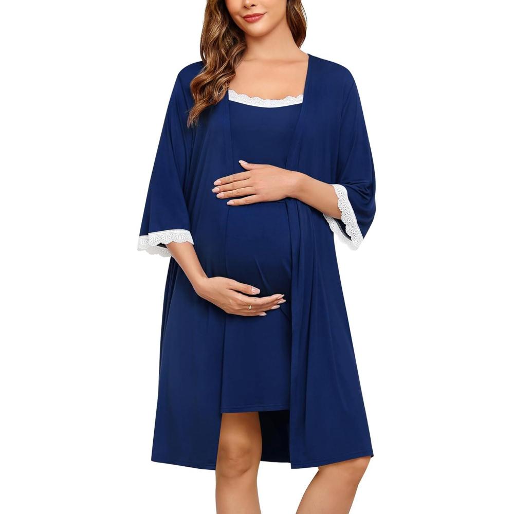 imageSWOMOG Lace Maternity Nursing Gown and Robe Set Double Layer Labor Delivery Nursing Hospital Nightgowns for BreastfeedingNavy Blue