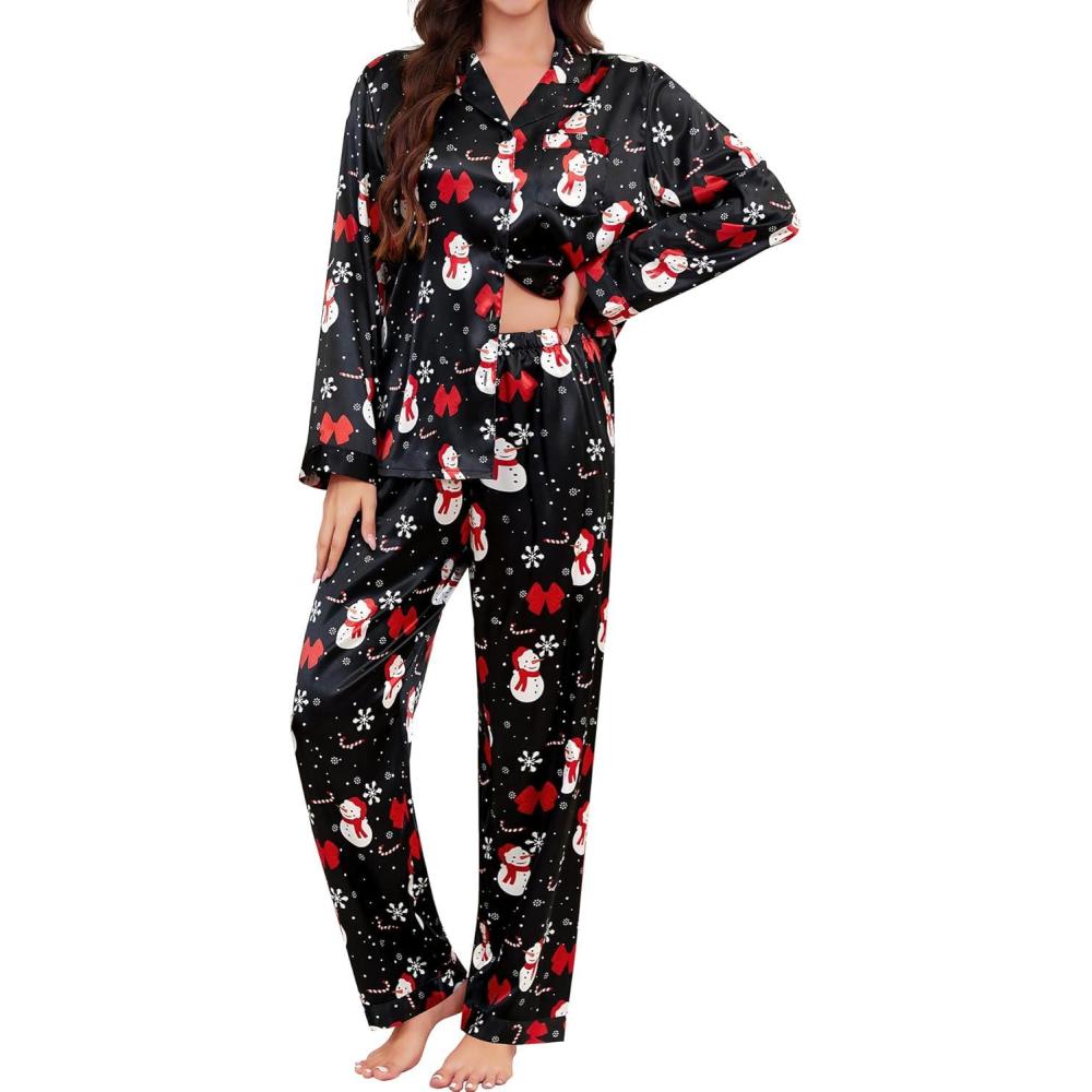 imageSWOMOG Long Sleeve Pajamas Set Silk Satin Sleepwear Button Down Pjs Loungewear with PocketChristmas Black