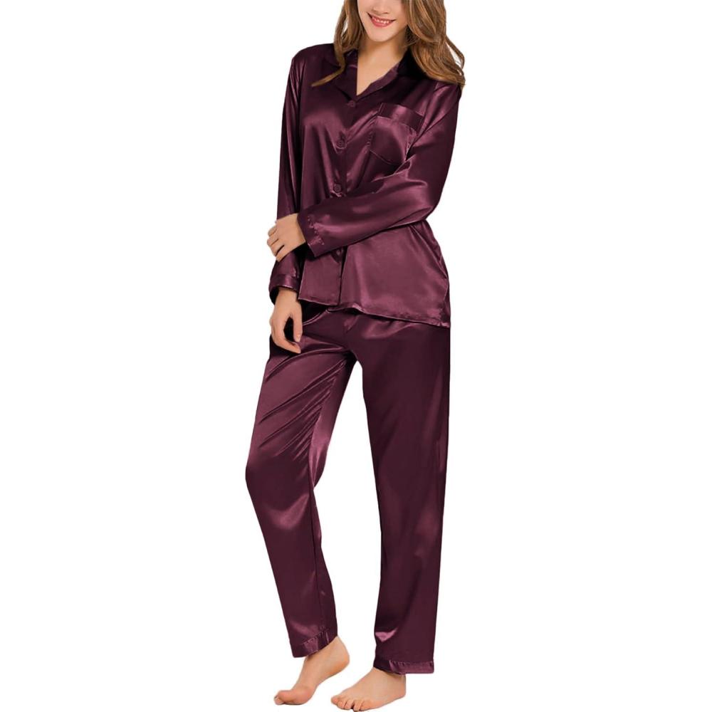 imageSWOMOG Long Sleeve Pajamas Set Silk Satin Sleepwear Button Down Pjs Loungewear with PocketDeep Wine Red
