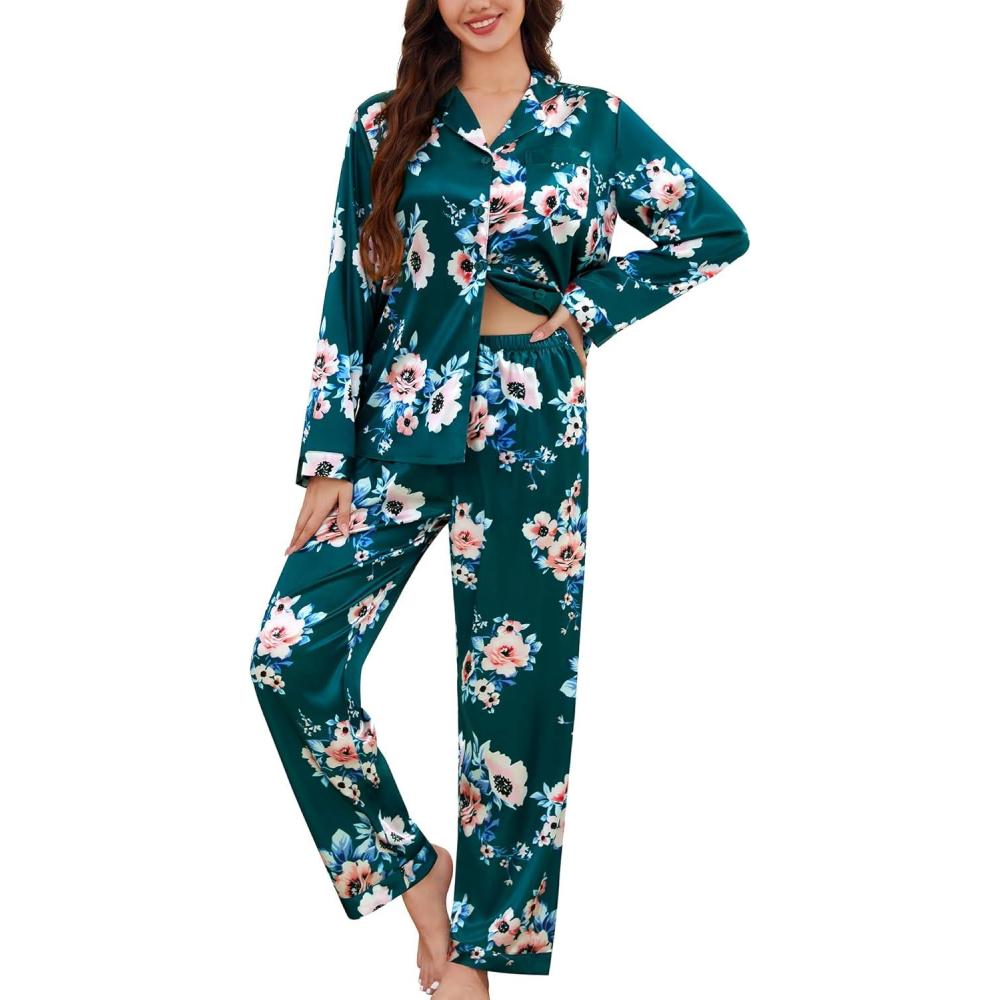imageSWOMOG Long Sleeve Pajamas Set Silk Satin Sleepwear Button Down Pjs Loungewear with PocketGreen Floral