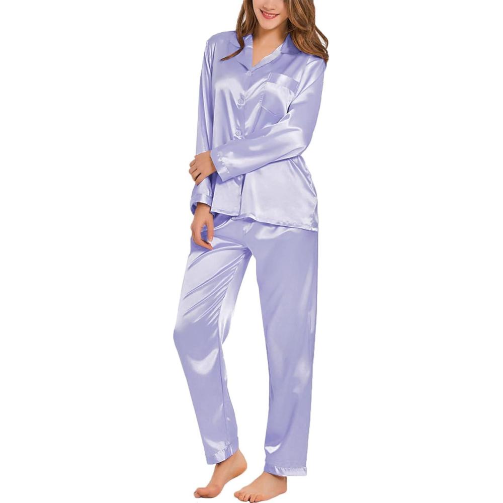 imageSWOMOG Long Sleeve Pajamas Set Silk Satin Sleepwear Button Down Pjs Loungewear with PocketLavender
