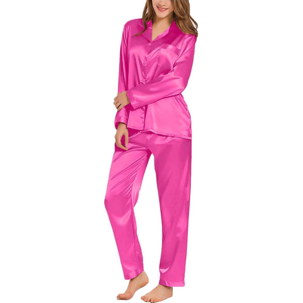 imageSWOMOG Long Sleeve Pajamas Set Silk Satin Sleepwear Button Down Pjs Loungewear with PocketRose Red