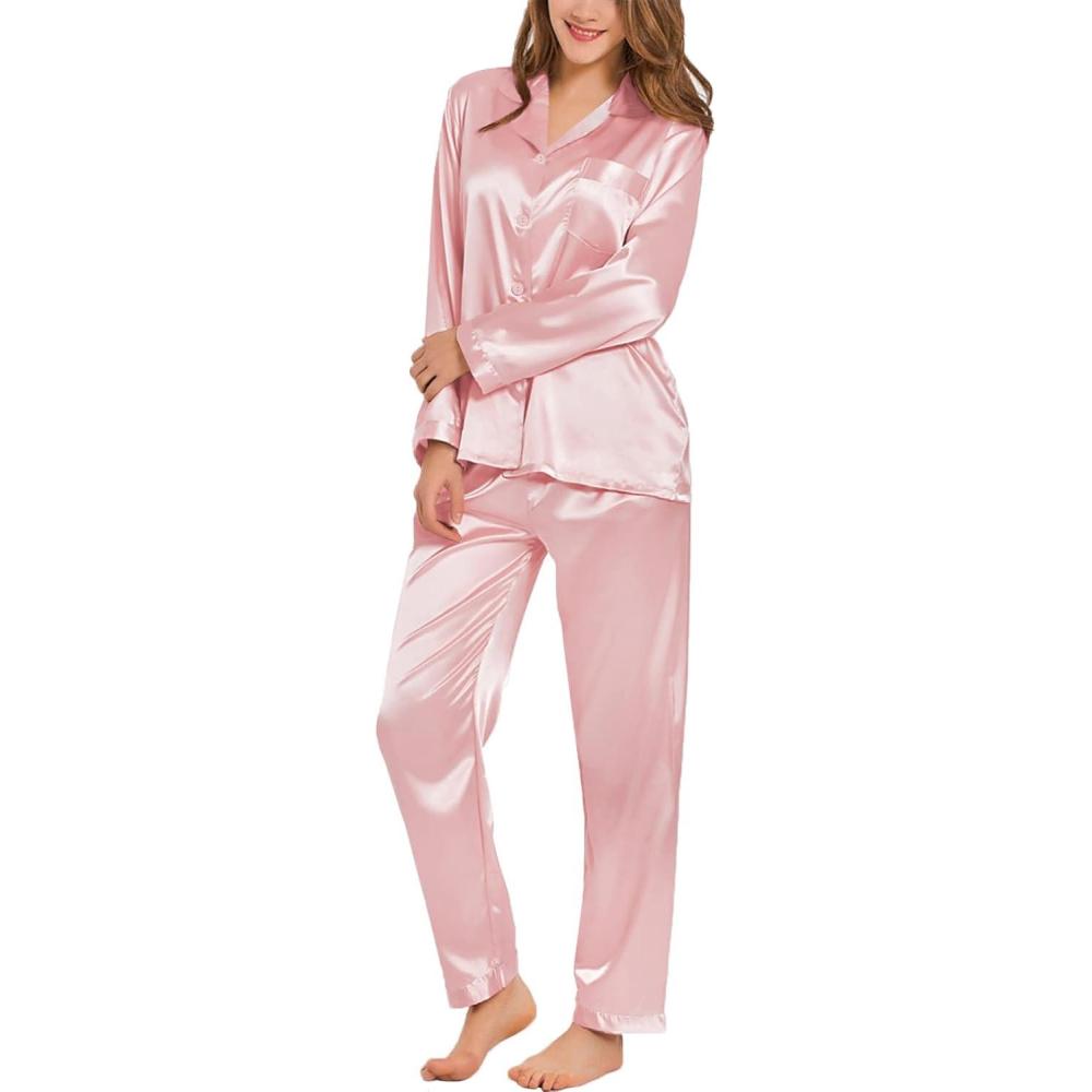 imageSWOMOG Long Sleeve Pajamas Set Silk Satin Sleepwear Button Down Pjs Loungewear with PocketSakura Pink