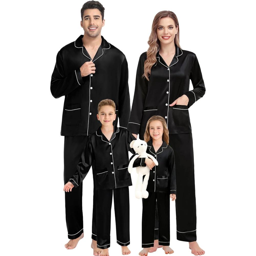 imageSWOMOG Matching Family Pajamas Set Women amp Men amp Kids Silk Satin Pjs 2 Pcs Long Sleeve Button Down Sleepwear with 2 PocketsBlack