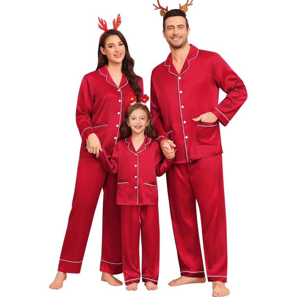 imageSWOMOG Matching Family Pajamas Set Women amp Men amp Kids Silk Satin Pjs 2 Pcs Long Sleeve Button Down Sleepwear with 2 PocketsBright Red