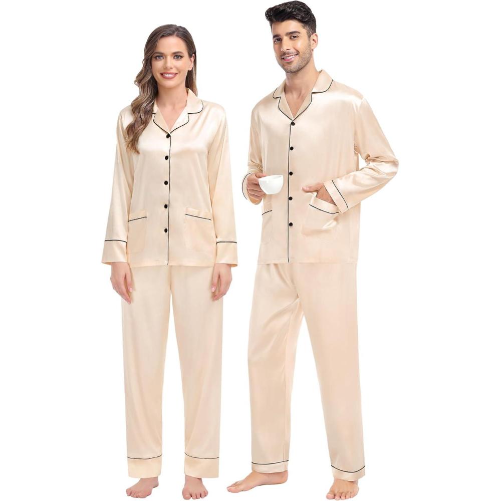 imageSWOMOG Matching Family Pajamas Set Women amp Men amp Kids Silk Satin Pjs 2 Pcs Long Sleeve Button Down Sleepwear with 2 PocketsChampagne