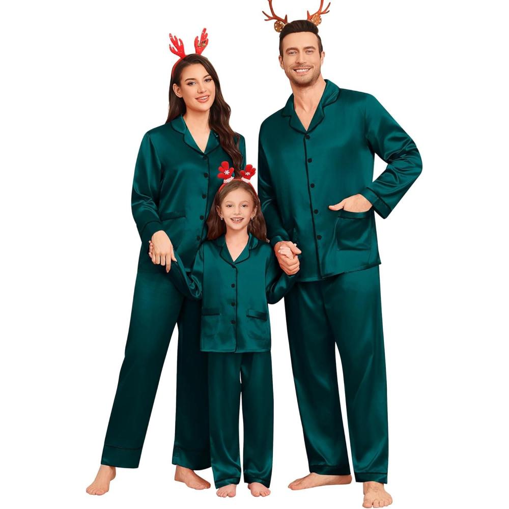 imageSWOMOG Matching Family Pajamas Set Women amp Men amp Kids Silk Satin Pjs 2 Pcs Long Sleeve Button Down Sleepwear with 2 PocketsDeep Green