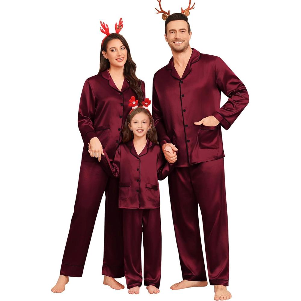 imageSWOMOG Matching Family Pajamas Set Women amp Men amp Kids Silk Satin Pjs 2 Pcs Long Sleeve Button Down Sleepwear with 2 PocketsDeep Wine Red