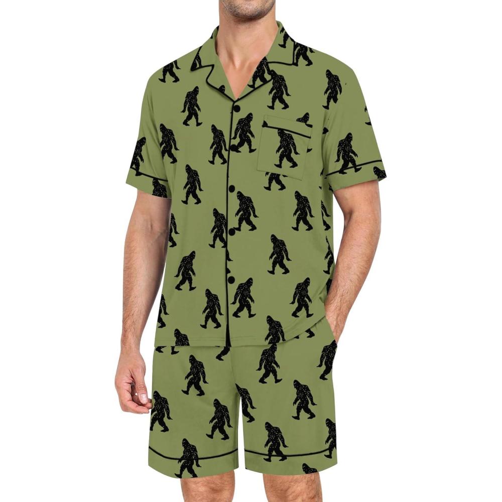imageSWOMOG Mens Pajama Set Short Sleeve 2 PCS Sleepwear Button Down Soft Loungewear Modal Set Pj Set with Pockets S3XLArmy Green Bigfoot