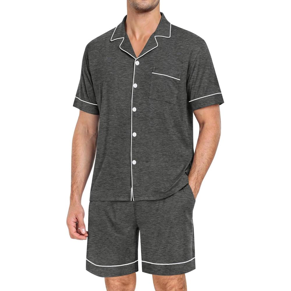 imageSWOMOG Mens Pajama Set Short Sleeve 2 PCS Sleepwear Button Down Soft Loungewear Modal Set Pj Set with Pockets S3XLDeep Grey
