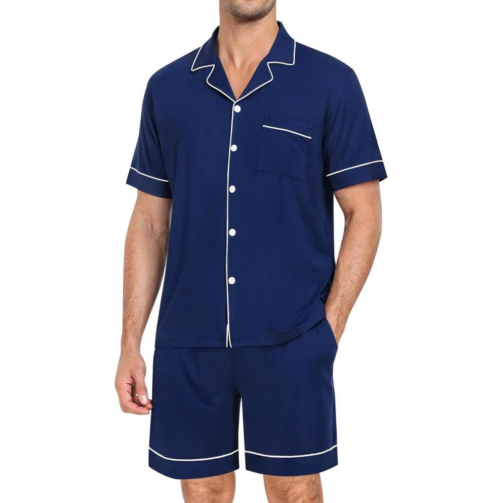 imageSWOMOG Mens Pajama Set Short Sleeve 2 PCS Sleepwear Button Down Soft Loungewear Modal Set Pj Set with Pockets S3XLNavy Blue