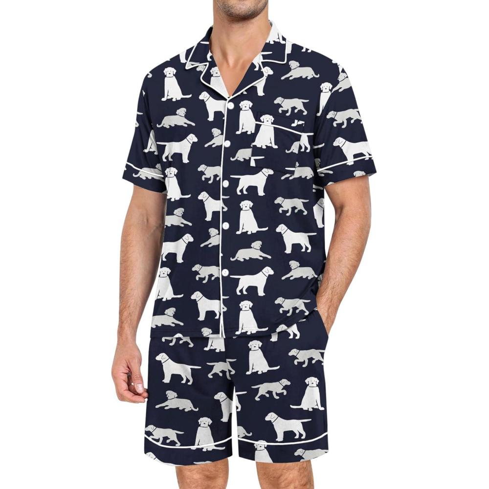 imageSWOMOG Mens Pajama Set Short Sleeve 2 PCS Sleepwear Button Down Soft Loungewear Modal Set Pj Set with Pockets S3XLNavy Blue Dogs