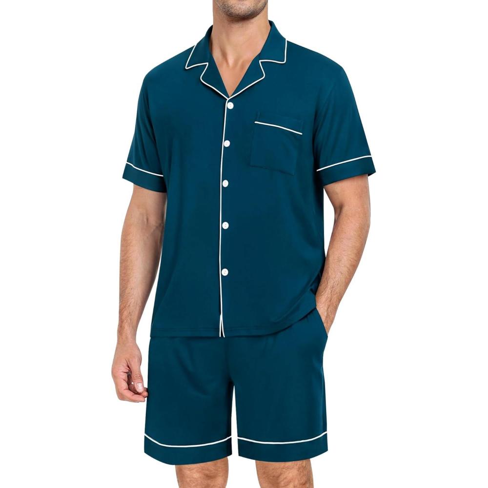 imageSWOMOG Mens Pajama Set Short Sleeve 2 PCS Sleepwear Button Down Soft Loungewear Modal Set Pj Set with Pockets S3XLOxford Blue