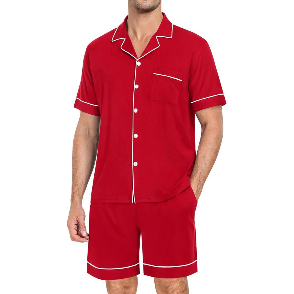 imageSWOMOG Mens Pajama Set Short Sleeve 2 PCS Sleepwear Button Down Soft Loungewear Modal Set Pj Set with Pockets S3XLRed