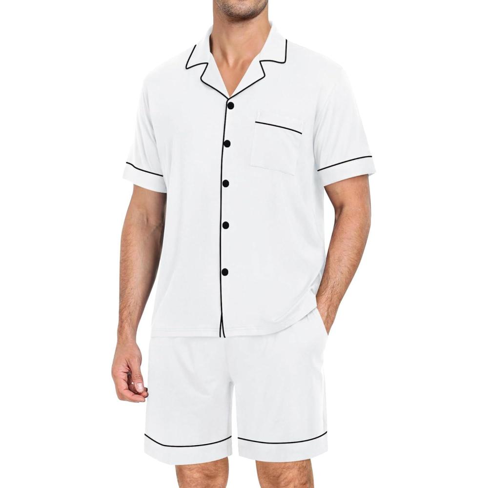 imageSWOMOG Mens Pajama Set Short Sleeve 2 PCS Sleepwear Button Down Soft Loungewear Modal Set Pj Set with Pockets S3XLWhite