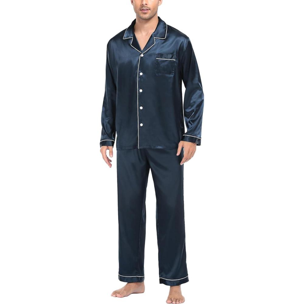 imageSWOMOG Mens Silk Satin Pajamas Set Long Sleeve Sleepwear ButtonDown Pj Twopiece Loungewear with Long Pants SXXLDeep Grey