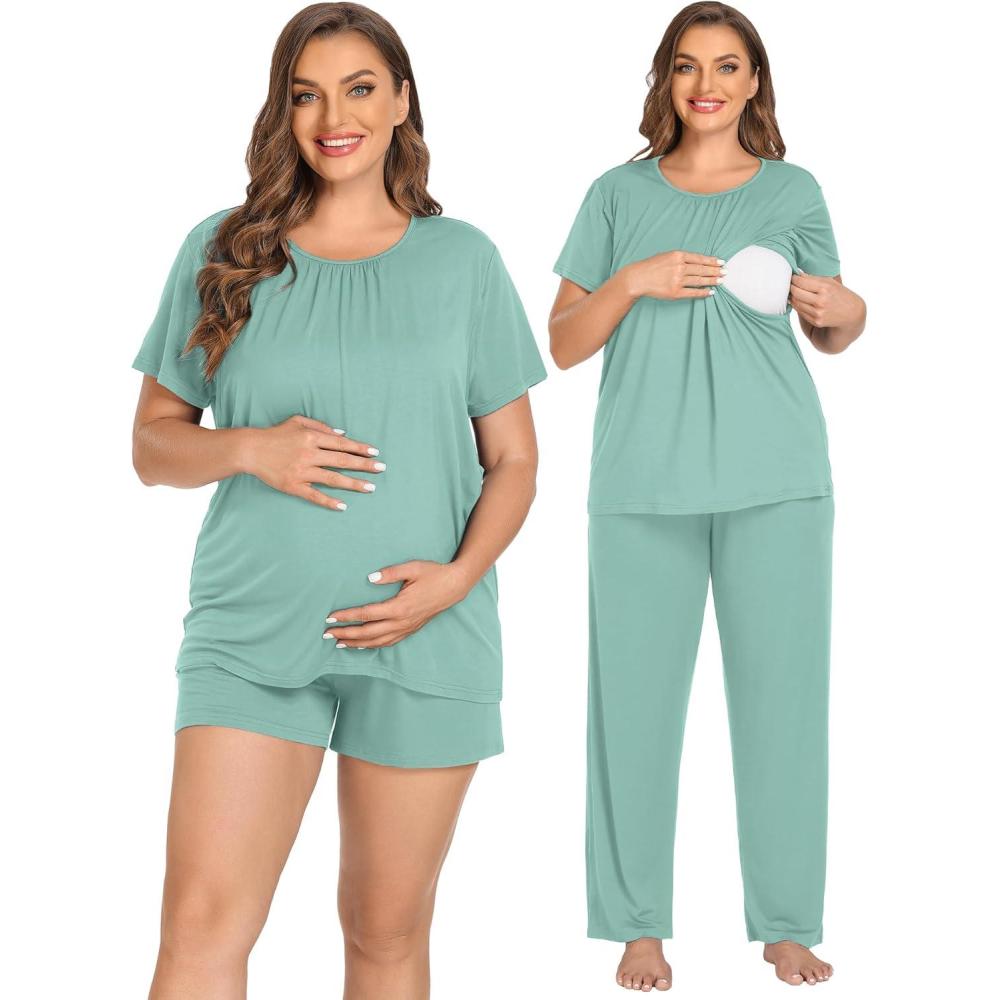 imageSWOMOG Women 3Pcs Maternity Pajama Set Nursing Pjs Pregnancy Set Breastfeeding Pjs Double Layer with PocketsAqua Green