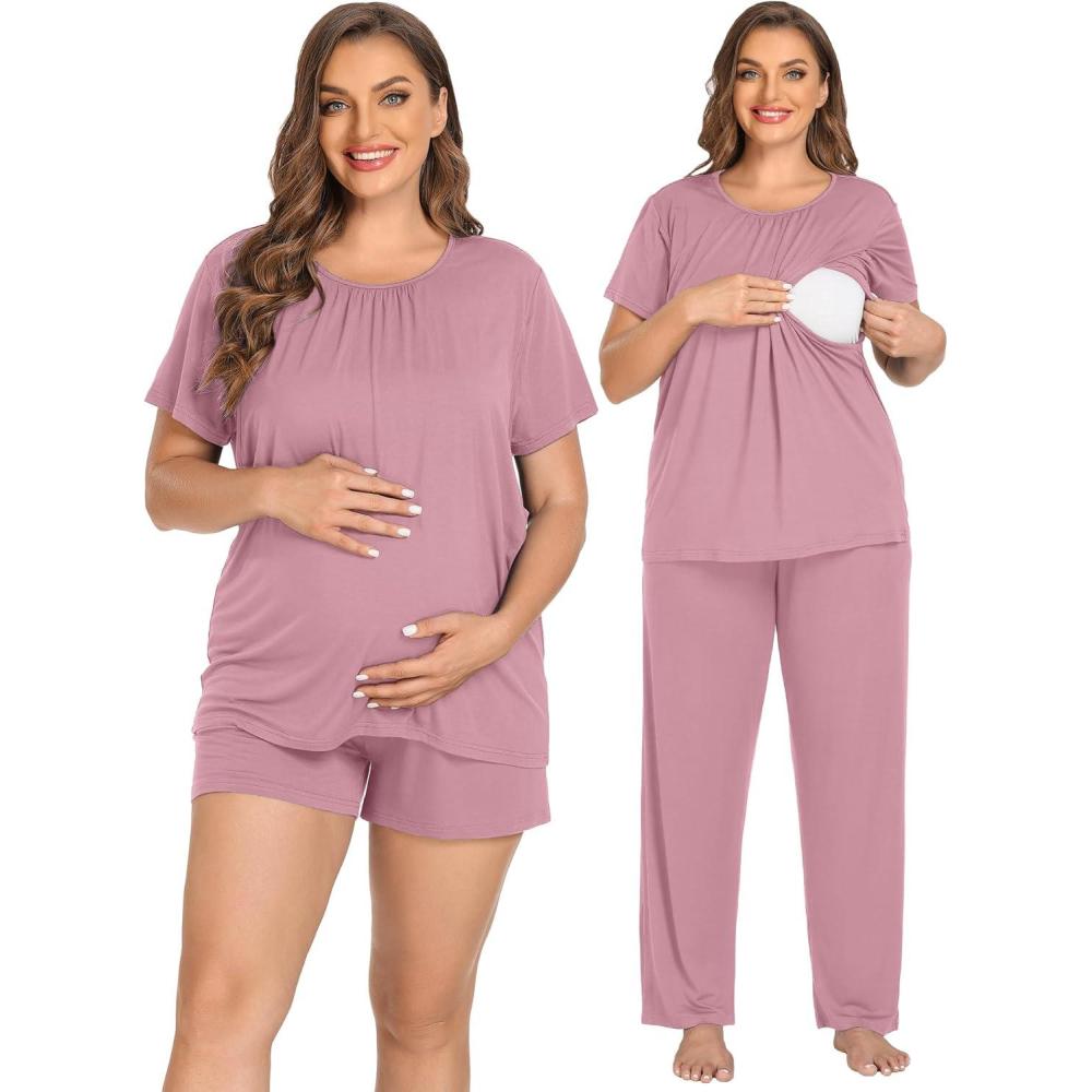 imageSWOMOG Women 3Pcs Maternity Pajama Set Nursing Pjs Pregnancy Set Breastfeeding Pjs Double Layer with PocketsTaropurple