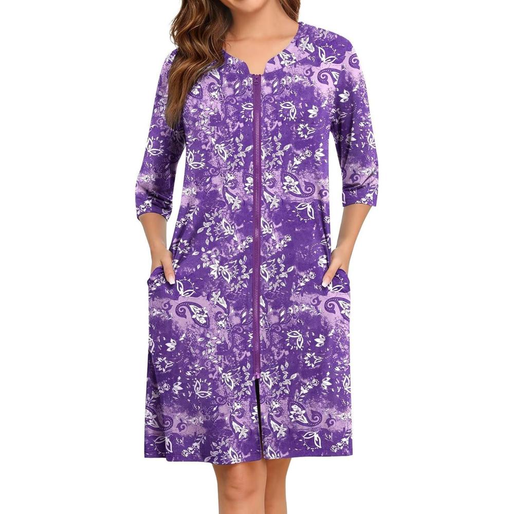 imageSWOMOG Women House Dress Nightgowns Duster Housecoat Zipper Robe Soft Sleepwear with PocketsFloral Purple