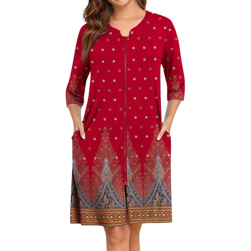 imageSWOMOG Women House Dress Nightgowns Duster Housecoat Zipper Robe Soft Sleepwear with PocketsFloral Red