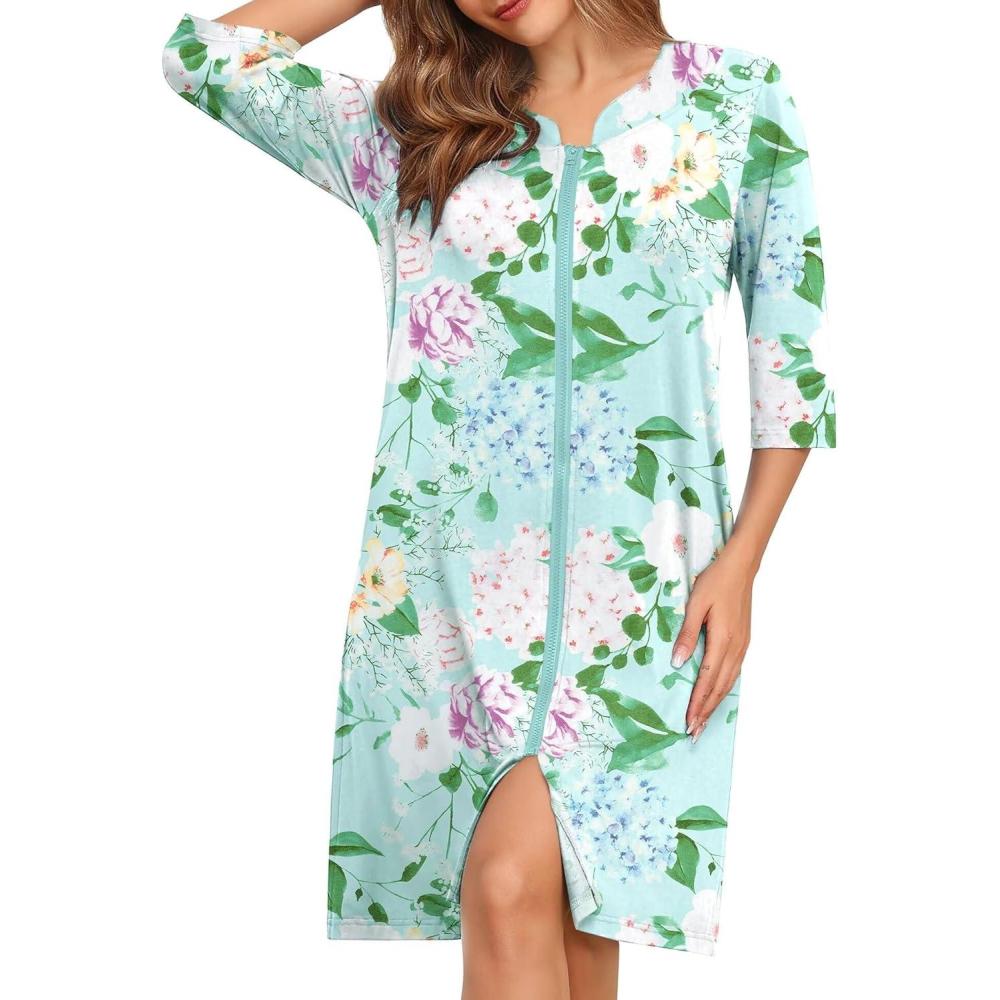 imageSWOMOG Women House Dress Nightgowns Duster Housecoat Zipper Robe Soft Sleepwear with PocketsGreen Leaves Pink Flower