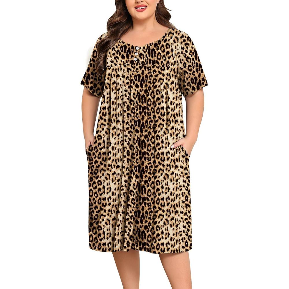 imageSWOMOG Women Plus Size House Dress Floral Print Nightgown for Women Button Sleepwear Mumu Dress with Pockets 18W26WLeopard