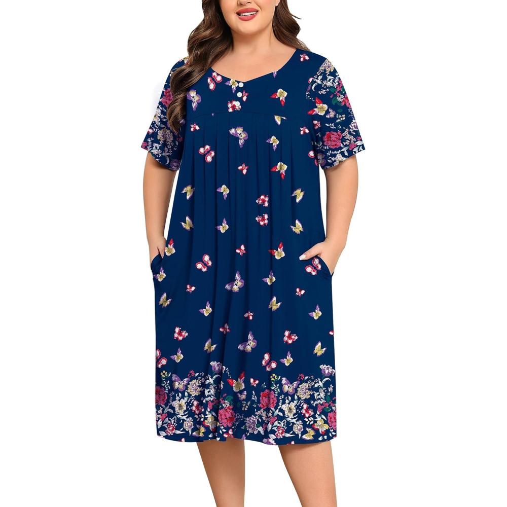 imageSWOMOG Women Plus Size House Dress Floral Print Nightgown for Women Button Sleepwear Mumu Dress with Pockets 18W26WNavy Blue Butterfly