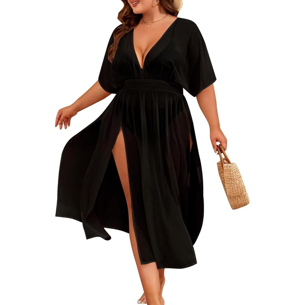 imageSWOMOG Women Plus Size Swimsuit Cover Up Bikini Bathing Suit Sexy Deep V Neck Swim Beach Dresses Summer BeachwearLongblack