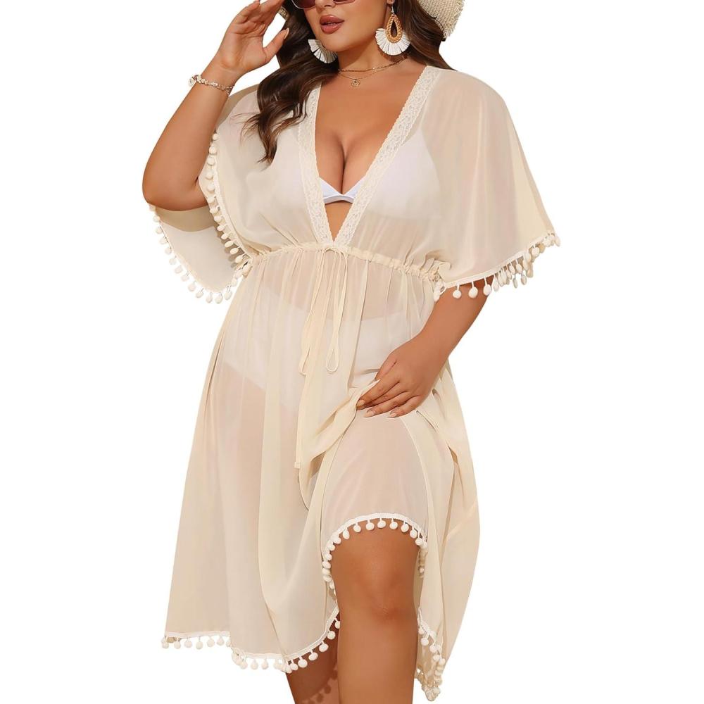 imageSWOMOG Women Swimsuit Cover Up Plus Size Bikini Swimwear Coverups Sheer Deep V Neck Beach Tunic Dresses Summer BeachwearApricot