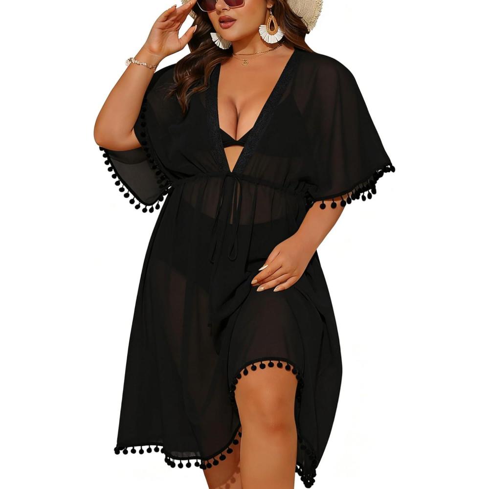 imageSWOMOG Women Swimsuit Cover Up Plus Size Bikini Swimwear Coverups Sheer Deep V Neck Beach Tunic Dresses Summer BeachwearBlack