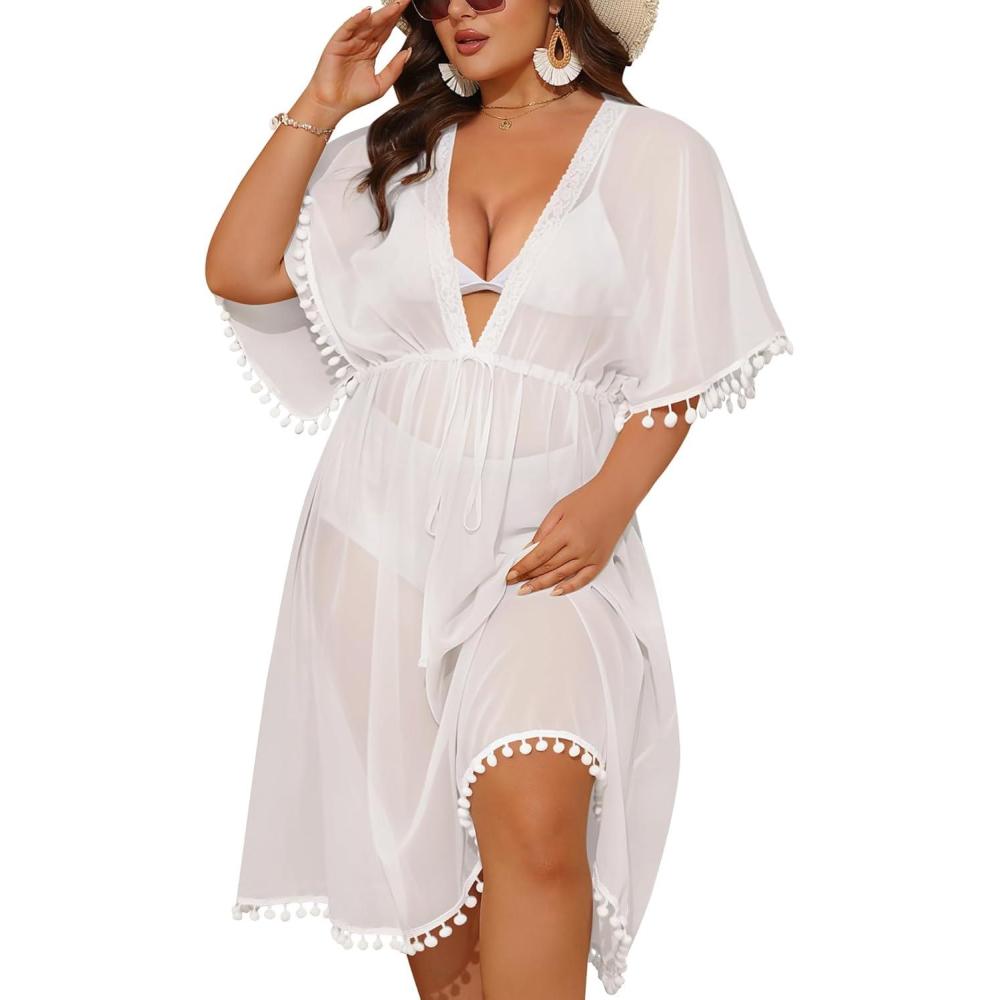 imageSWOMOG Women Swimsuit Cover Up Plus Size Bikini Swimwear Coverups Sheer Deep V Neck Beach Tunic Dresses Summer BeachwearWhite