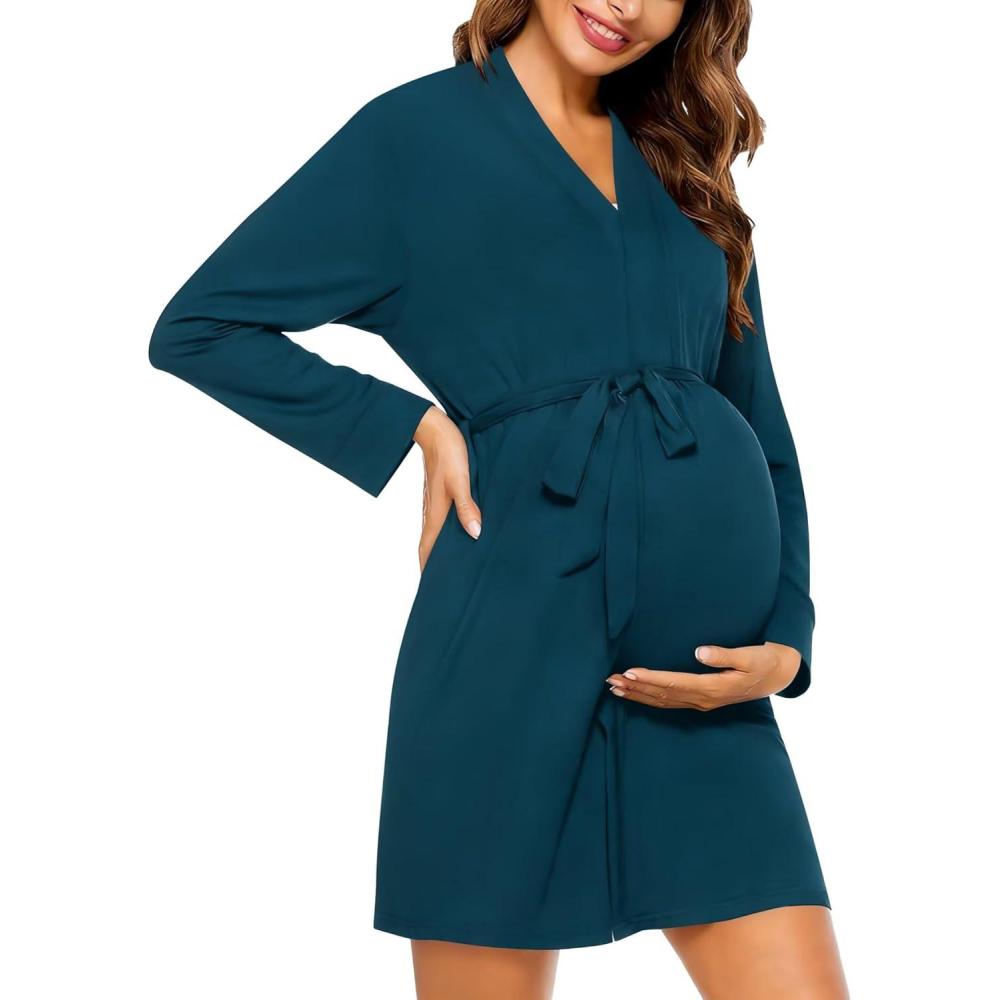 imageSWOMOG Womens Maternity Nursing Robe Pregnancy Breastfeeding Bathrobes 3 in 1 Labor Delivery NightgownsPlus Sizedark Navy Blue