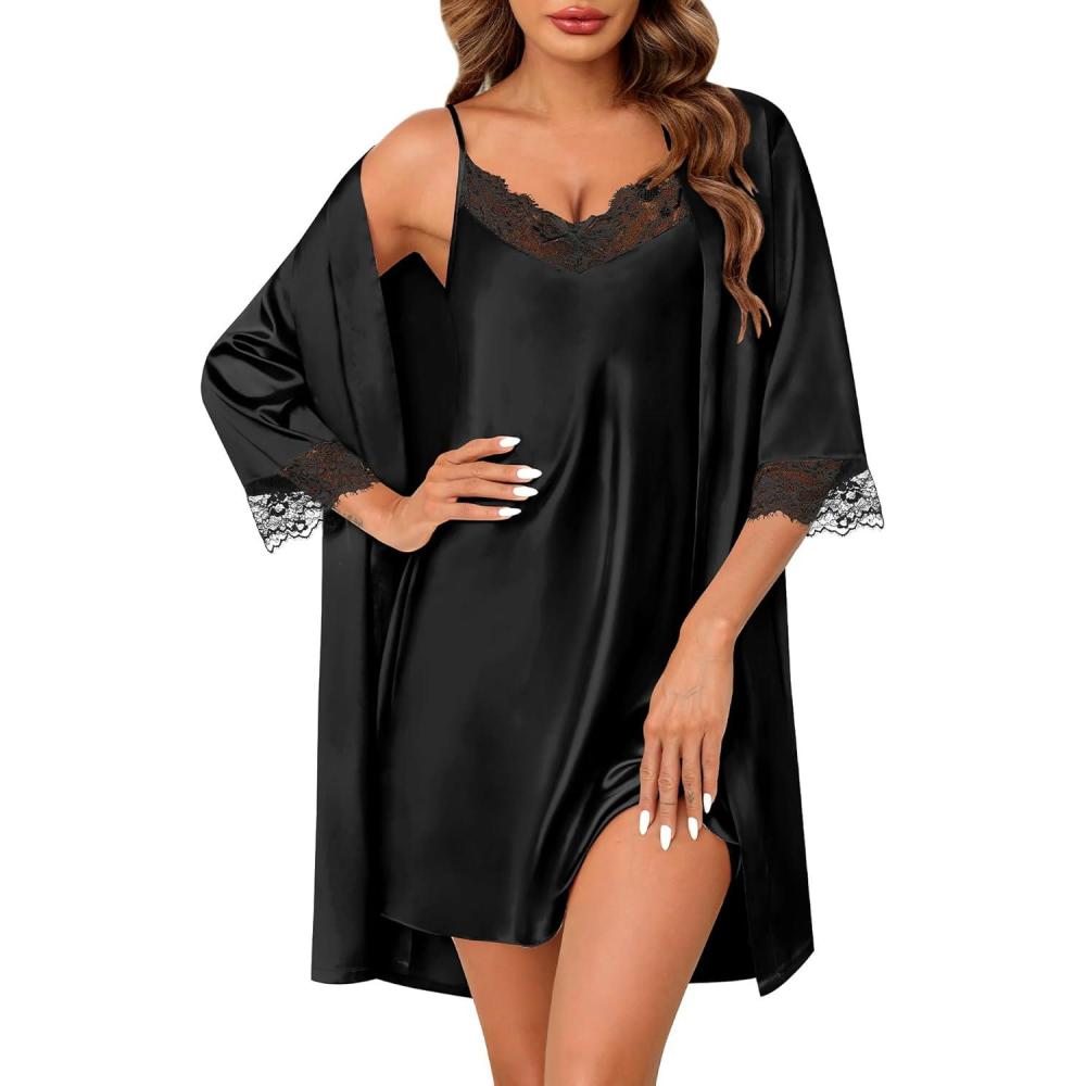 imageSWOMOG Womens Satin Robe Set 2 Piece Sexy Pajamas Sets Lace Cami Nightgown and Silk Robes NightwearBlack