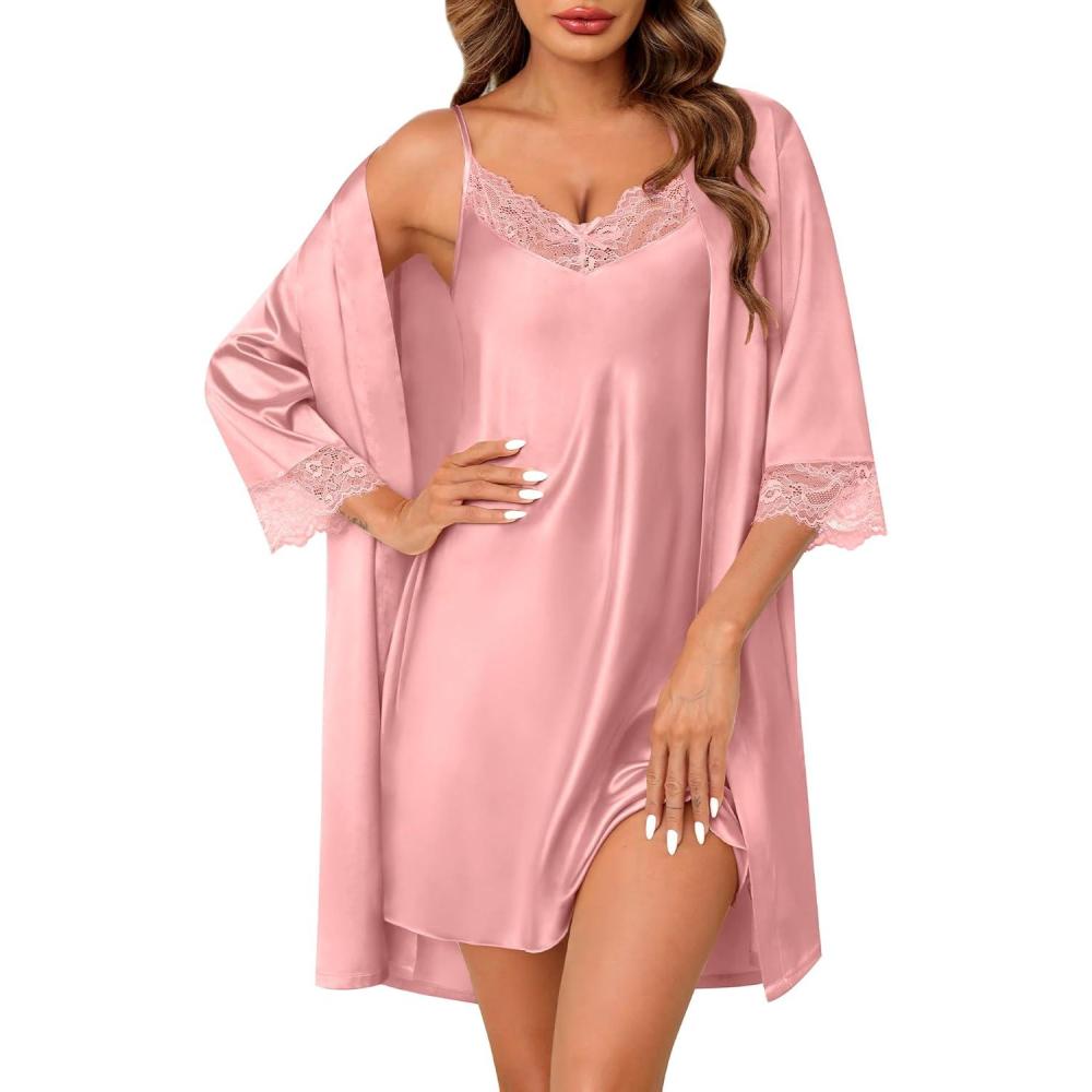 imageSWOMOG Womens Satin Robe Set 2 Piece Sexy Pajamas Sets Lace Cami Nightgown and Silk Robes NightwearMisty Rose