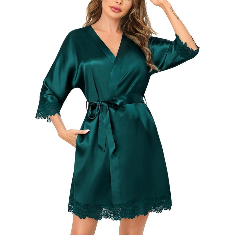 imageSWOMOG Womens Satin Robe Set 2 Piece Sexy Pajamas Sets Lace Cami Nightgown and Silk Robes NightwearOnly Robe  Dark Green